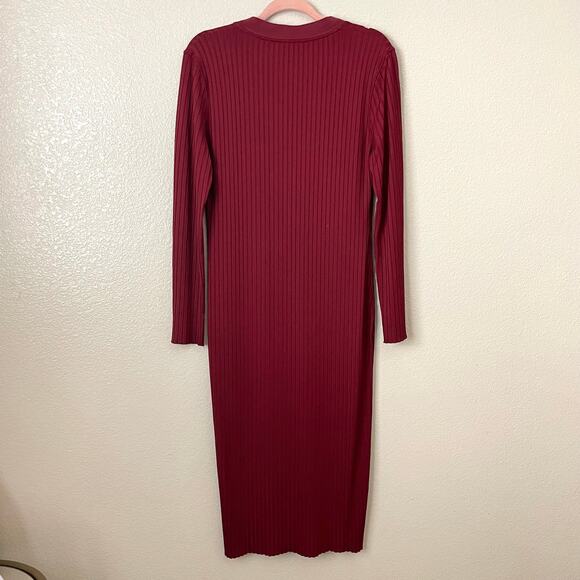 L'Academie Dress Womens Large Burgundy Red Midi Henley Ribbed Knit Stretchy - Picture 8 of 11